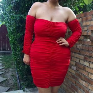 FASHION NOVA HOT RED MACAU RUCHED DRESS